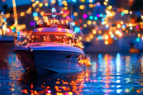 Boat decorated for Christmas in June Rendezvous at Port of Orillia