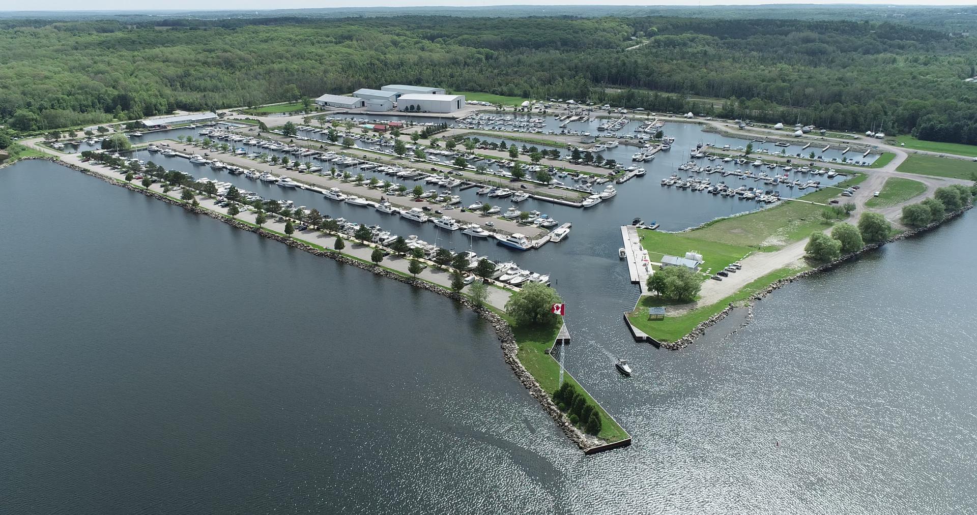 Aerial photo of Wye Heritage Marine Resort on Georgian Bay in Midland Ontario